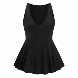 Plus la taille élégante manches d'été Peplum Blouse col en V détail nœud solide noir tunique haut grande taille décontracté a-ligne T-shirt réservoir m7hX #