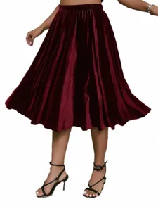 Plus la taille élégante printemps automne taille élastique Veet jupe femmes décontracté rouge midi jupe femme a-ligne jupe évasée grande taille 6XL o53I #