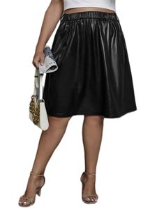 Plus taille élégante printemps automne-taille haute élastique jupe en cuir PU femme solide noire midi travail femelle ALINE 240328