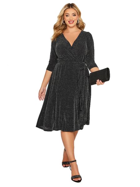 Grande taille élégant printemps automne robe portefeuille femmes à manches longues noir paillettes robe de soirée cocktail formelle soirée robe de soirée 240126