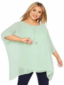 Tallas grandes Elegante Blusa de manga de murciélago de verano Mujer Verde menta Chiff suelta Túnica de gran tamaño Tops Camiseta de capa de gran tamaño 7XL 28rz #