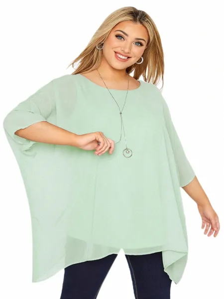 Plus la taille élégante d'été manches chauve-souris Blouse femmes menthe vert lâche Chiff surdimensionné tunique Tops grande taille Cape T-shirt 7XL 28rz #