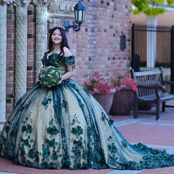 Plus la taille Emerad vert Quinceanera robes 3D fleur douce 15 robes pour anniversaire Glittler sequin robe de bal robes De 16 Anos 326 326