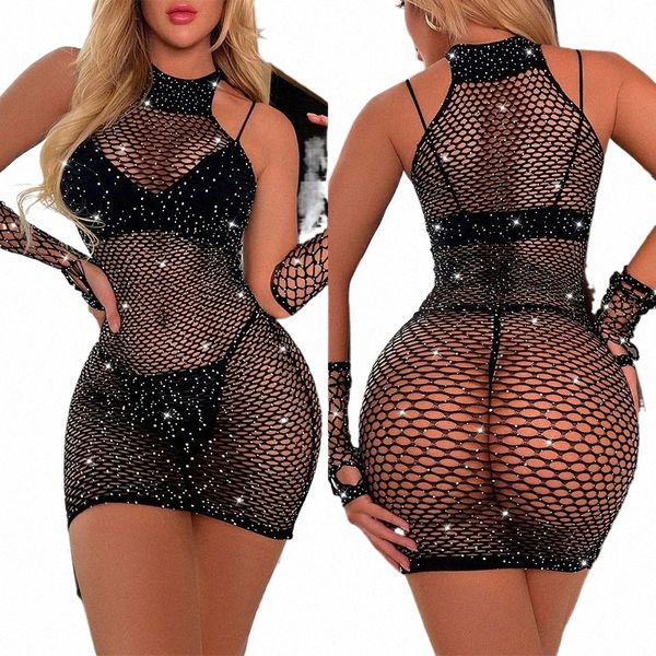 plus la taille érotique sexy lingerie bling strass résille body transparent sexe Dr femmes maille collants sexy lingerie exotique o1fY #