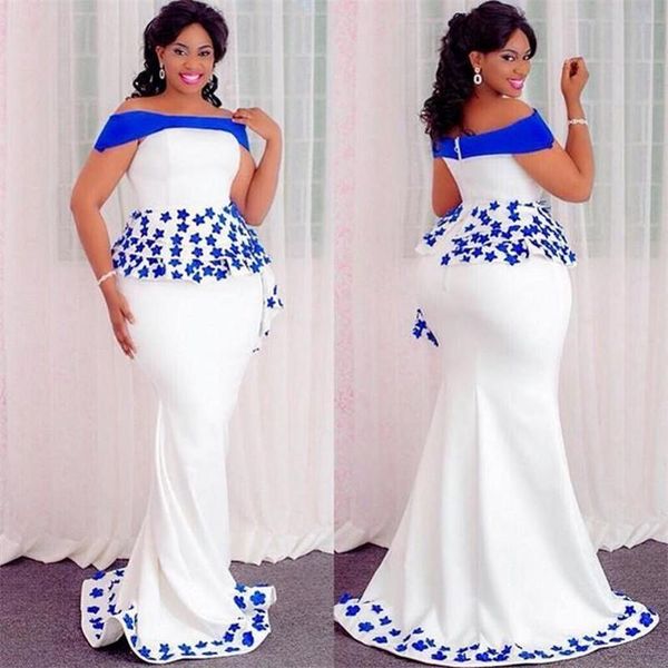 Robes de soirée grande taille avec appliques bleu royal peplum sur l'épaule robe de bal sirène fermeture éclair satin femmes africaines robe de soirée formelle