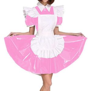 Uniforme de Cosplay de femme de chambre exotique en PVC, grande taille, Look mouillé, Mini robe à manches courtes bouffantes, Costume de femme de chambre française, tablier Lolita Dress278q