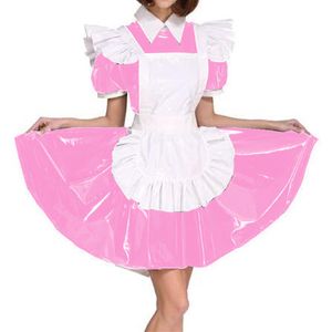 Uniforme de PVC de talla grande para sirvienta exótica, minivestido de manga corta con aspecto mojado para mujer, disfraz de sirvienta francesa, delantal Lolita Dress236f