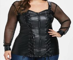 BLUSIÓN DE CUERO DE FAUX DE FAUMA DE BAJO 4XL 5XL SEXY HOLK OUT Long STEAMPunk Lace Up Corset Tops Women Women Black PU Camiseta de cuero1621687