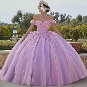 Luxe roze bloemen Quinceanera -jurken 2024 3d bloemen kristal kralen van de schouders baljurk Vestidos de sweetheart Sweet 16 jurk
