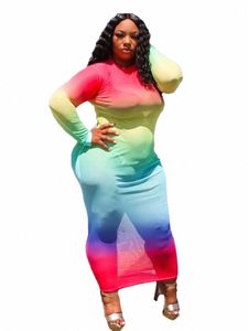 Grande taille Fi vêtements Sexy maille femmes Dr col roulé Lg manches jupe moulante Vintage arc-en-ciel cravate colorant Dres en gros 698Y #