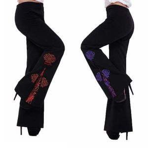 Grande taille pantalon évasé femmes longue taille haute jambe large fleur broderie décontracté bureau mince hanche noir pantalon 210915