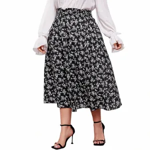 Plus la taille imprimé floral élégant LG jupe d'été femmes élastique paperbag taille a-ligne jupe femme grande taille chic boho jupe 6XL o6NT #