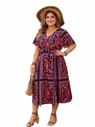 Plus la taille imprimé floral à manches courtes Boho élastique taille haute Lg Dres V cou Vintage imprimé plage Fi été Dres P2tj #