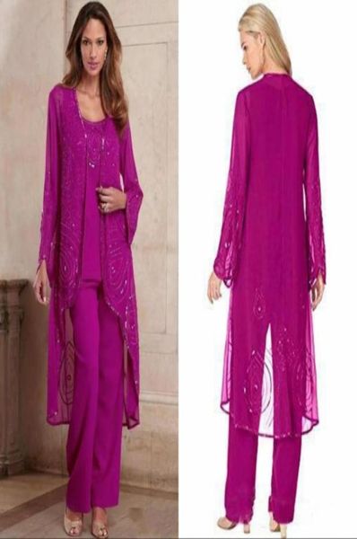 Taille plus taille fuchsia en mousseline de mousseline de mariée de pantalon mariée pour mariage trois pièces usure formelle perlé tenue de mère robe mère avec 2650588