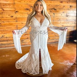 Plus size fulllace Boheemse trouwjurken Mermaid 2024 Elopement Lange mouw Gatsby Bridal Dress Tassel Boho Bruid Jurk Vestios Novias Civil Gotic Black Novias