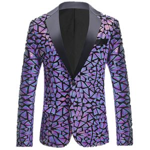 Plus Size Glitter Sequin Blazer Laser Mirrors Tuxedo Men Singer Host Chorus Shiny One Button Suit Jacket Bar Discothèque Performance Male Star Concert Slim Coat