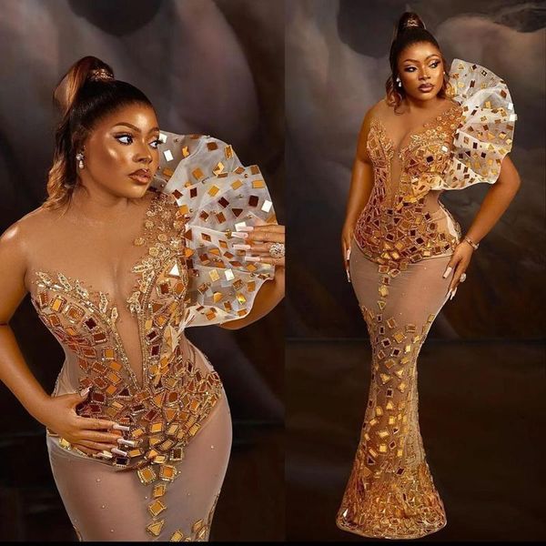 Plus la taille d'or Aso Ebi robes de bal sirène une épaule asymétrique tulle perlé strass africain Nigeria paillettes robe de soirée deuxième robes de réception