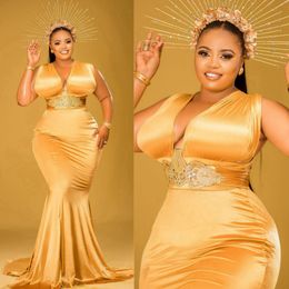 Plus Size Gouden Zeemeermin Elegante Avondjurken Diepe V-hals Kralenriem Galajurken voor speciale gelegenheden Verjaardagsfeestje Jurk Tweede receptiejurken AfricanAM311