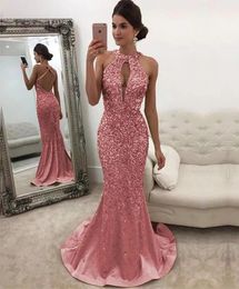 Plus Size Gouden Pailletten Zeemeermin Prom Dresses Elegante Lange Mouwen Avondjurken 2024 Halter Vrouwen Roze Formele Kleding 328 328