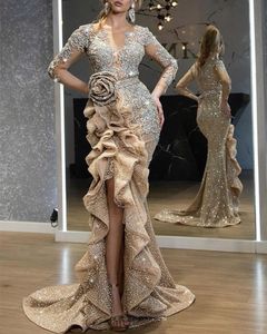 Plus size gouden pailletten zeemeermin prom jurken elegante lange mouwen avondjurken 2021 off schouder vrouwen hoge split formele jurk