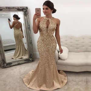 Vestidos de graduación de sirena con lentejuelas doradas de talla grande, vestidos de noche elegantes de manga larga con hombros descubiertos, vestido Formal rosa para mujer 256C 2021