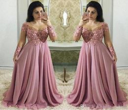 Grande taille magnifique robes de bal rose poussiéreux manches longues pure bijou cou appliques dentelle à la main fleurs 3D robe formelle soirée Go8962610
