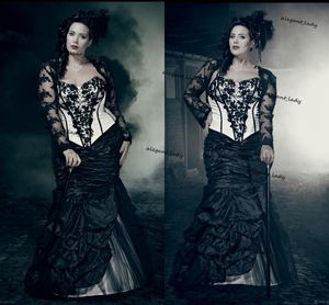 Plus size gothic zeemeermin trouwjurken met lange mouw vintage zwart en whtie veter-up corset middeleeuwse bruidskleding