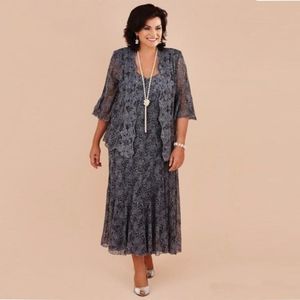 Plus Size Grijs Kant Moeder van de Bruid Jurken Met Jas Thee Lengte Bruiloft Jurk Formele vestido de renda Custom Made