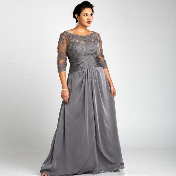 Taille plus gris Mère de la mariée Robes avec 3 4 manches scoop couche dentelle en mousseline de mousseline