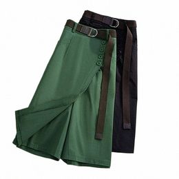 Taille plus verte patchwork patchwork irrégulier shorts bermuda poches féminines Longueur de genou jupes en ligne décontractée ceinture lâche jupe noire d9mg #