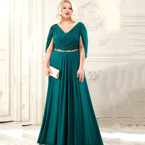 Plus La Taille Vert Mère De La Mariée Robes Col En V A-ligne De Longueur De Plancher De Mariage Invité Robes Manches Courtes Longue Satin Marié Maman De Bal De Soirée Porter