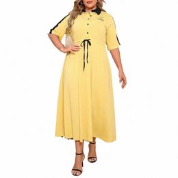 Plus Taille Demi-Butt Lettre Ctrast Chemise Dres Femmes Été Cordon Taille A-ligne Femme Casual Lg Dr 2024 u5oU #