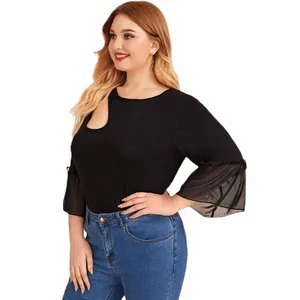 Plus Size Half Mouw Zomer Fi Chic Tuniek Tops Vrouwen Casual Solid Black Hollow Out Chiff Blouse Vrouwelijke Big Size t-shirt L26F #