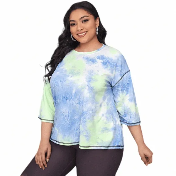 Plus la taille à manches mi-longues d'été printemps Fi Blouse Top femmes lâches Casual col rond Tie Dye T-shirt femme grande taille Tee 5XL 6XL o6Cu #