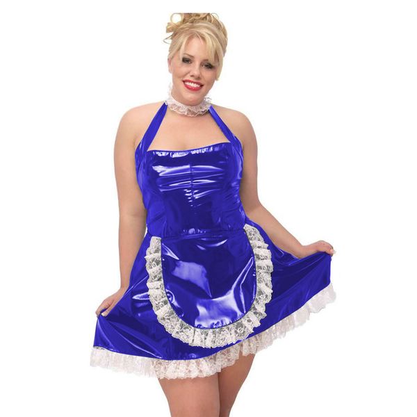Grande taille licou sans manches femme de chambre Mini robe fille Lolita robe douce + collier en dentelle Cosplay Costume de fête café serveuse uniforme