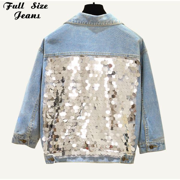 Plus Taille Harajuku Back Sequins Courts Vestes de denim 3XL 4XL Femmes Bleu clair Trois quarts Sleeve Vestes Bombardiers Mom Jean 201023