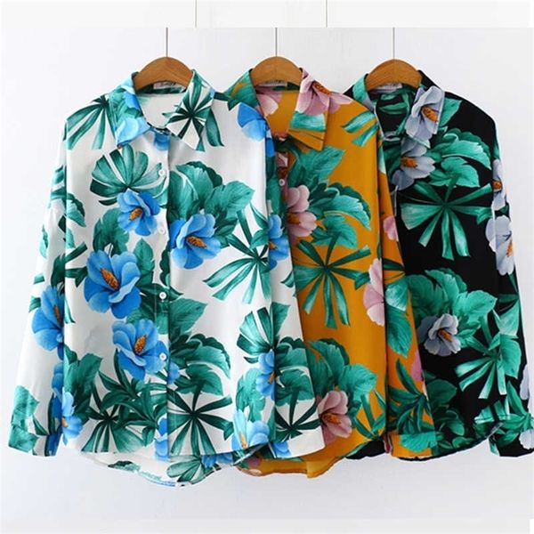 grande taille chemises hawaïennes 3 couleurs femmes chemisiers style plage impression de fleurs été décontracté à manches longues lâche chemise Blusas 210702