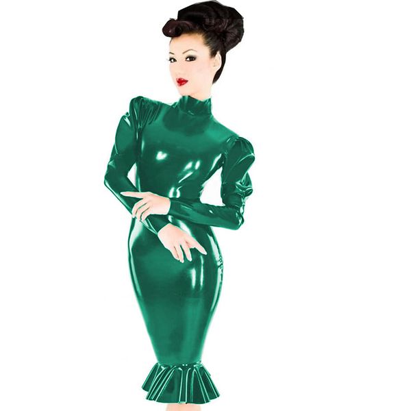 Grande taille col haut bouffée à manches longues robe femmes PVC moulante robe Midi Look humide Vintage fermeture éclair genou longueur queue de poisson Vestido