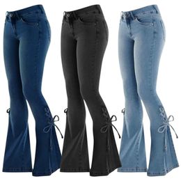 Taille plus taille haute taille étirement flare jeans vintage streetwear lacet up tenue cloche bottwork patchwork goth denim pant y2k 240423