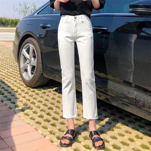 Jeans de cintura de talla grande Mujer Pantalones de mezclilla recta Beige Blanco Madres Mujeres Corea Corea Tassel lavado 210302