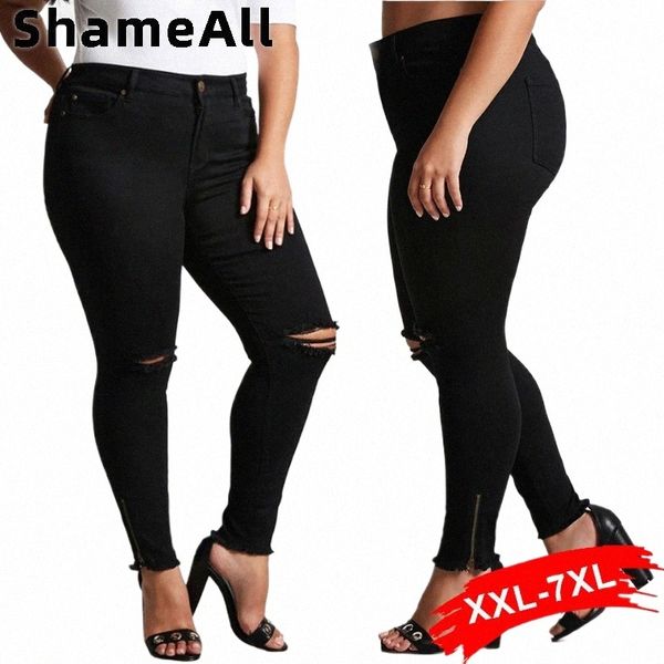 Tallas grandes Cintura alta Sexy Ripped Flaco Estiramiento Lápiz negro Jeans 7XL Street Bodyc Club Agujeros Zip Dobladillo Marea Pantalones de mezclilla casuales 58sM #