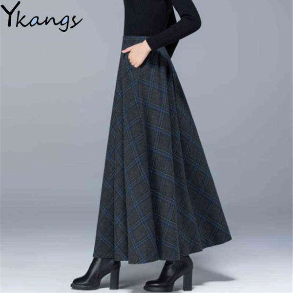 Plus la taille taille haute laine plaid jupes hiver chaud femmes laine maxi jupes bureau dames mode casual long streetwear 211120
