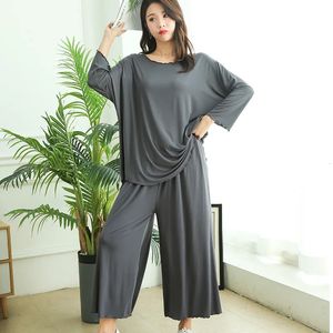 Grande taille maison costume automne lâche à manches longues pyjamas deux pièces ensemble neuf points jambe large pantalon pijama vêtements de nuit femme 240115