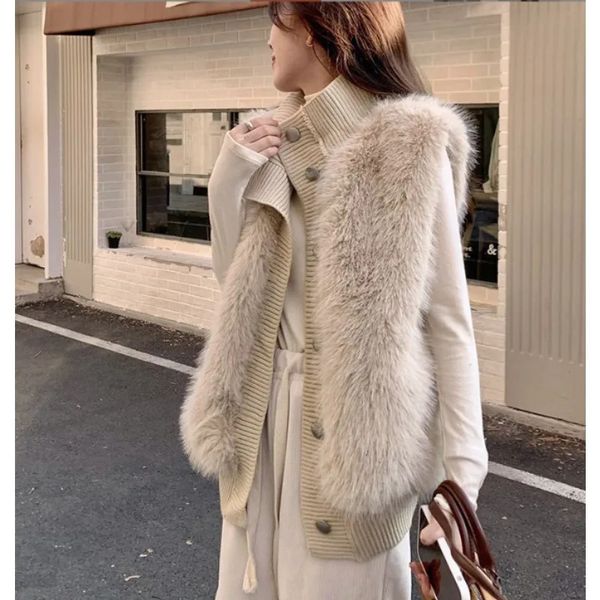 Grande taille Imitation vison blanc tricoté gilet femmes automne hiver coréen ample noir simple boutonnage hauts sans manche Chic 240106