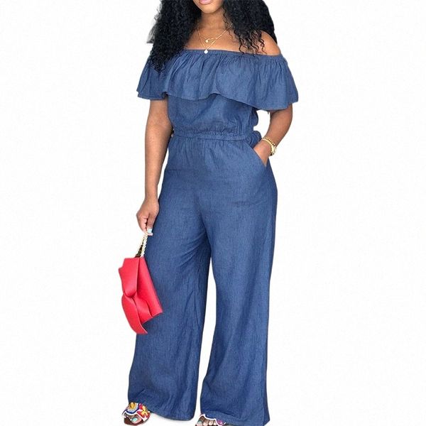 Plus Taille Jean Combinaison Femme Off Épaule Denim Tissu Femme One Piece Outfit Casual Pantalon à jambes larges 2023 Automne Combinaison élégante a03X #