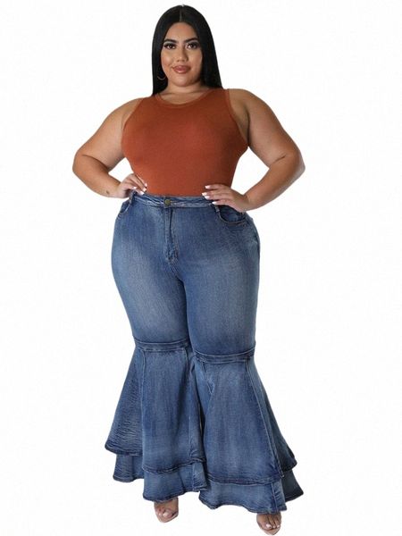 Jean grande taille pour femmes, pantalon évasé taille haute, ourlet à volants, Streetwear, vente en gros, Dropshp D804 #