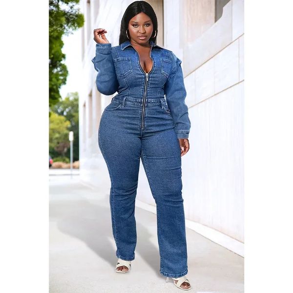 Jumpsuit de talla grande Blue manga larga Denim Zip Womens Spring Autumn Bodysuit Color sólido Longitud completa Jeans 240410