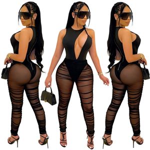 Plus size jumpsuit rompers voor vrouwen mouwloos kijken door zwarte kleur sexy v nek clubkleding hol uit bodycon jumpsuits bodysuits party plo