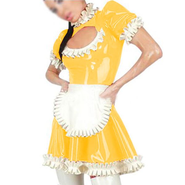 Minivestido plisado de Lolita con abertura en la parte delantera de talla grande para mujer, vestido de Cosplay de sirvienta francesa de manga corta de PVC, uniforme de fiesta Sexy para Club