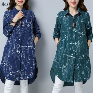 Plus size kimono blouse tunic 3D geprinte lange blusas femininas lente herfst herfst met lange mouwen katoen linnen shirt tops mujer 210308